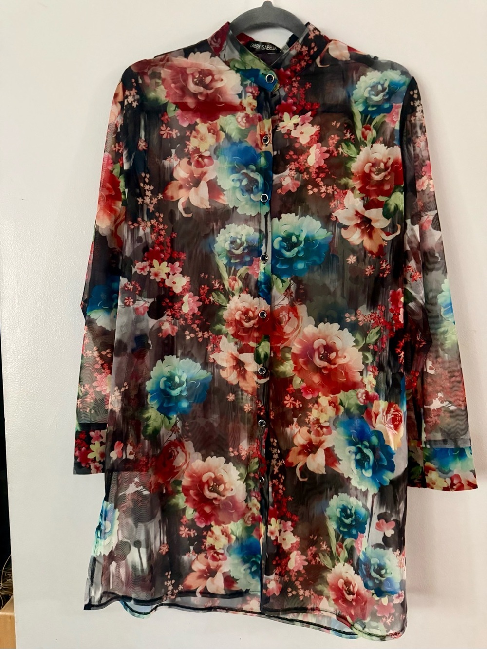 Gabby Isabella Sheer Floral Mesh Button-Down Tunic Shirt - Size M